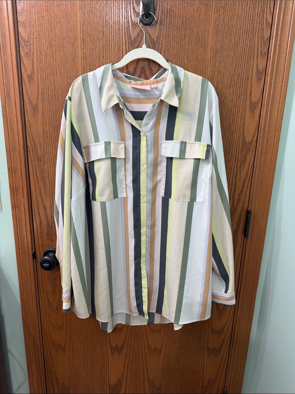 EVRI Vertical Stripe Button-Down Shirt in Sage, Cream & Blue